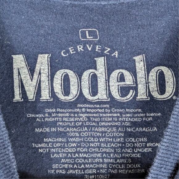 Modelo Cerveza Mens L Blue Graphic T-Shirt 100% Cotton Front Back Beer Logo Tee - Picture 3 of 3